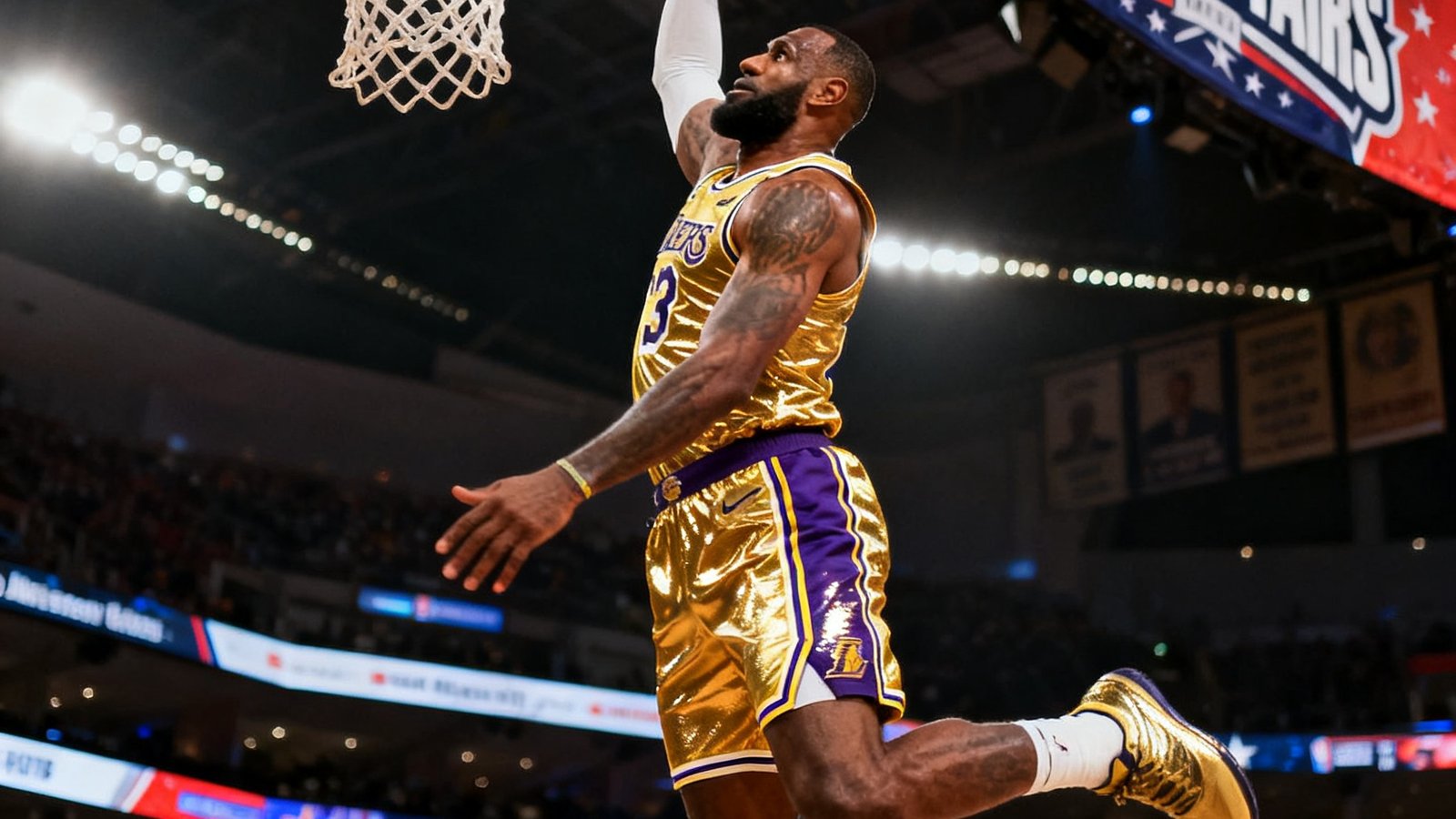 NBA全明星投票结果新闻配图，詹姆斯身穿湖人金色球衣在赛场上飞身扣篮的精彩瞬间，背景为全明星赛宣传横幅